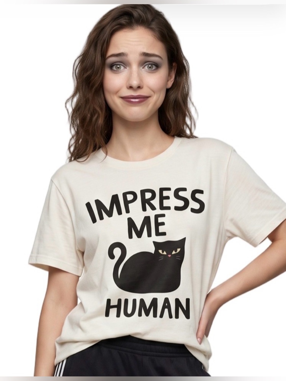 WOUND UP White Crew neck Impress Me Human T‑Shirt with Surly Black Cat Graphic